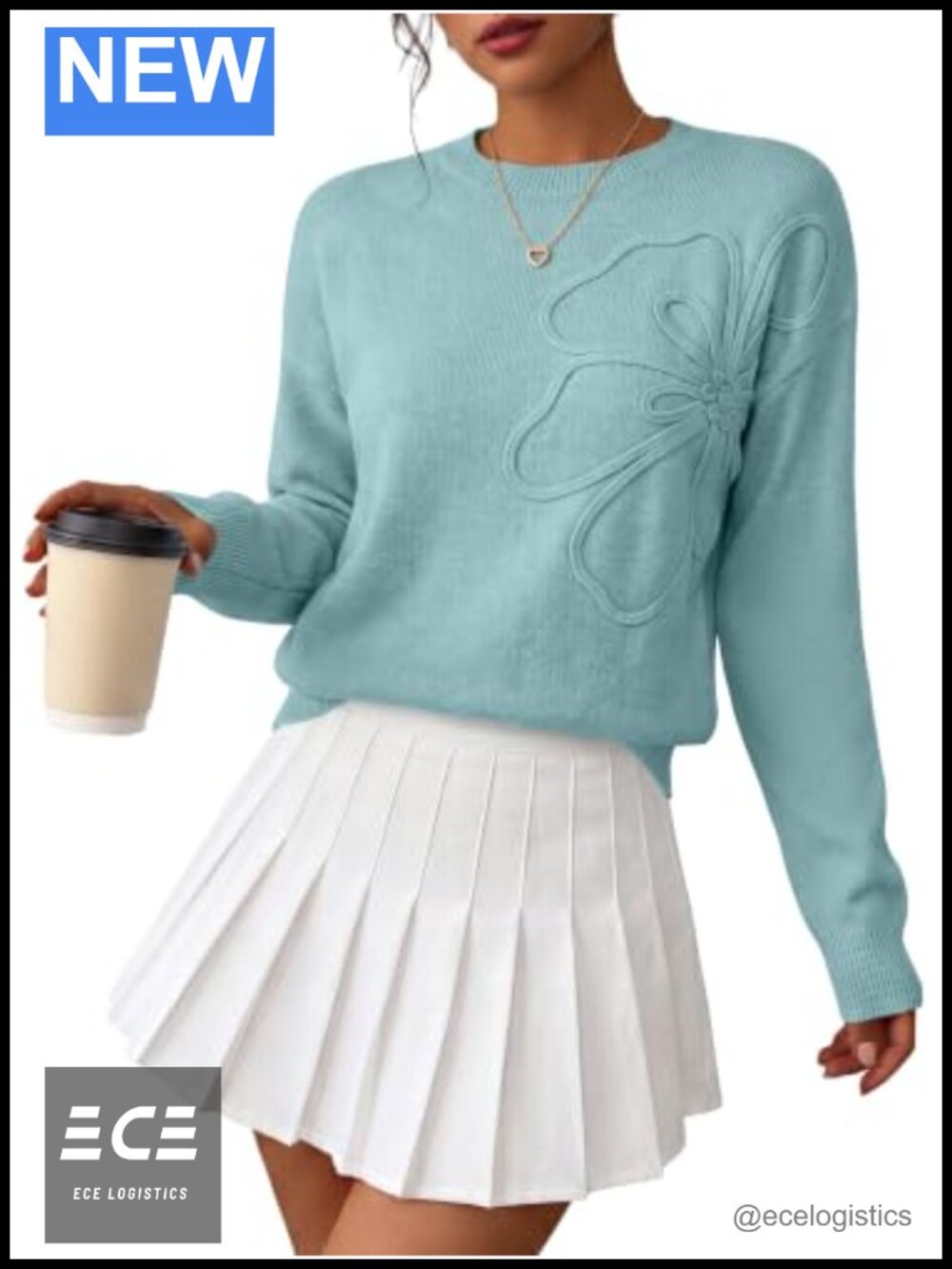 Women's 3D Floral Knit Sweater Pullover Drop Shoulder Crew Neck